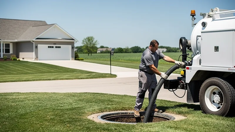 Septic service technician pumping a septic tank in Albion, IA