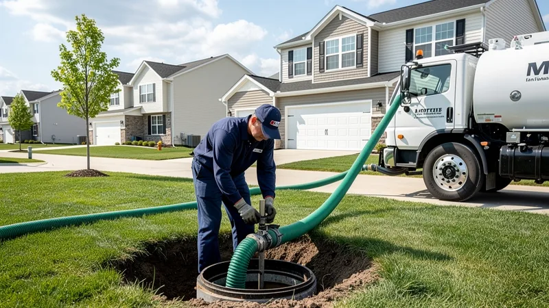 Septic service technician servicing a residential septic tank in Le Grand, IA