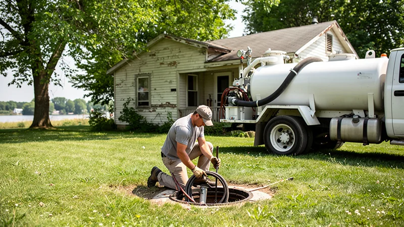 Septic service technician working on a residential septic tank in Melbourne, IA