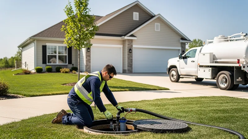 Septic service technician working on a residential septic system in State Center, IA